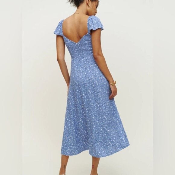 Reformation Baxley Midi Short Sleeve Dress in Eve Blue Floral | US 0 UK 4 - Picture 4 of 11
